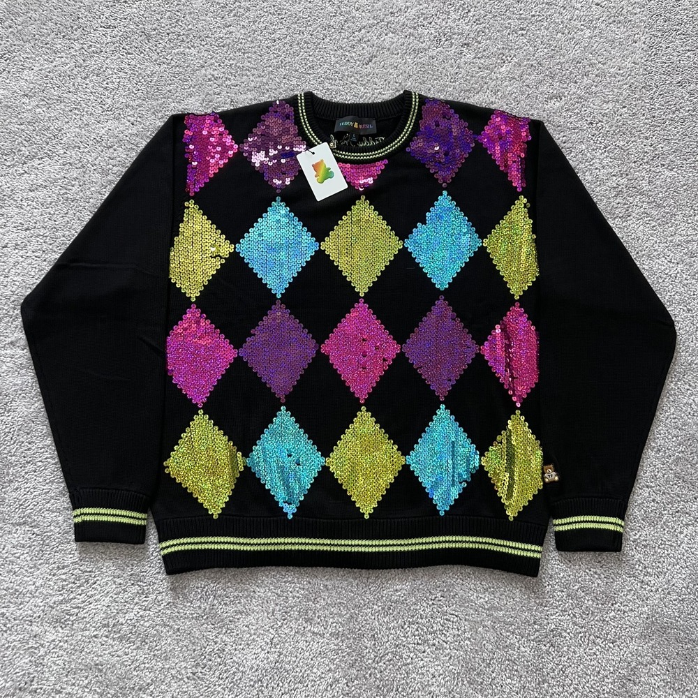 Teddy Fresh Sequin Argyle Sweater Mens Large Black Multicolor Crewneck Pullover‎